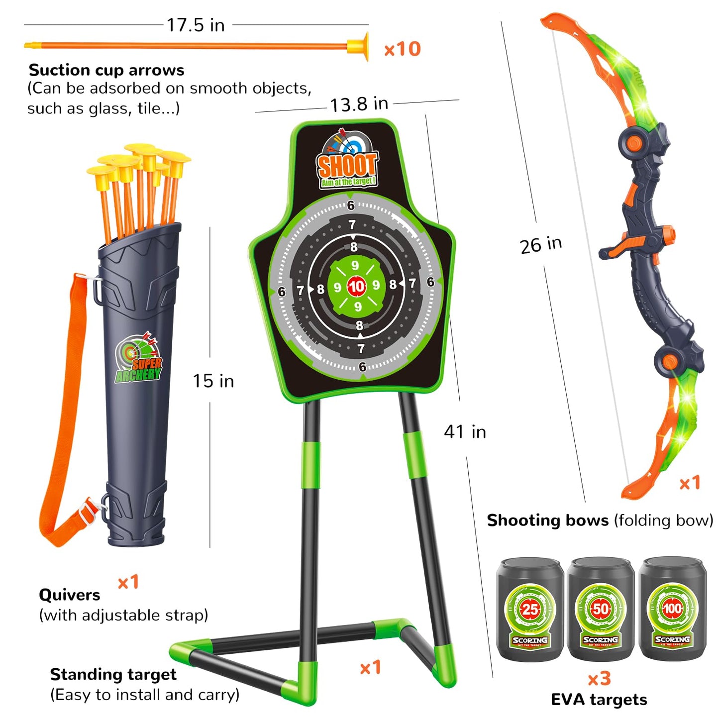 Bow and Arrow Toys for Kids, Archery Set Includes Super Bow with LED Lights, 10 Suction Cups Arrows,Archery Set with Standing Target and 3 Target Cans for Boys Girls